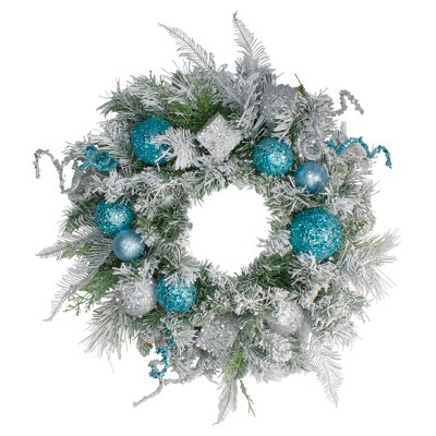 Northlight Flocked Pine with Ball Ornaments Artificial Christmas Wreath, 24-Inch, Unlit