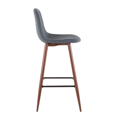 Contemporary Pebble Blue Fabric & Walnut Metal Bar Stools - Set of 2