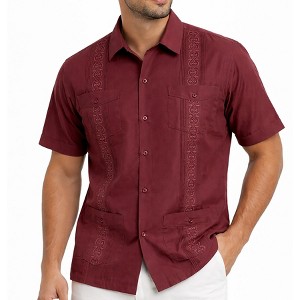 Men's Short Sleeve Button Up Guayabera Shirt Black Cherry L : Target
