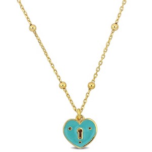 EVERLY JEWELRY | Yellow Plated Sterling Silver Turquoise Enamel Heart Necklace on Diamond Cut Cable Chain - 17.5 in - 1 of 4