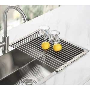 LunaLulinlk Stainless Steel Roll-Up Dish Drying Rack Marble Color Silicone Edges, Foldable Kitchen Rack Heat Resistant Trivet (17.7"x12.5")，White - 1 of 4