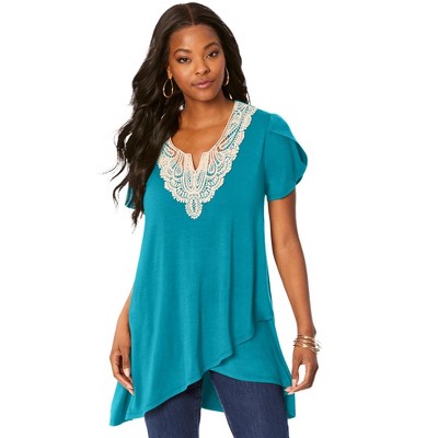 Roaman's Women's Plus Size Lace Tulip Hem Tunic