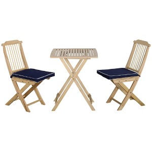 Outsunny 3 Pieces Patio Folding Bistro Set, Outdoor Pine Wood Table and Chairs Set with Tie-on Cushion & Square Coffee Table, Dark Blue - 1 of 4