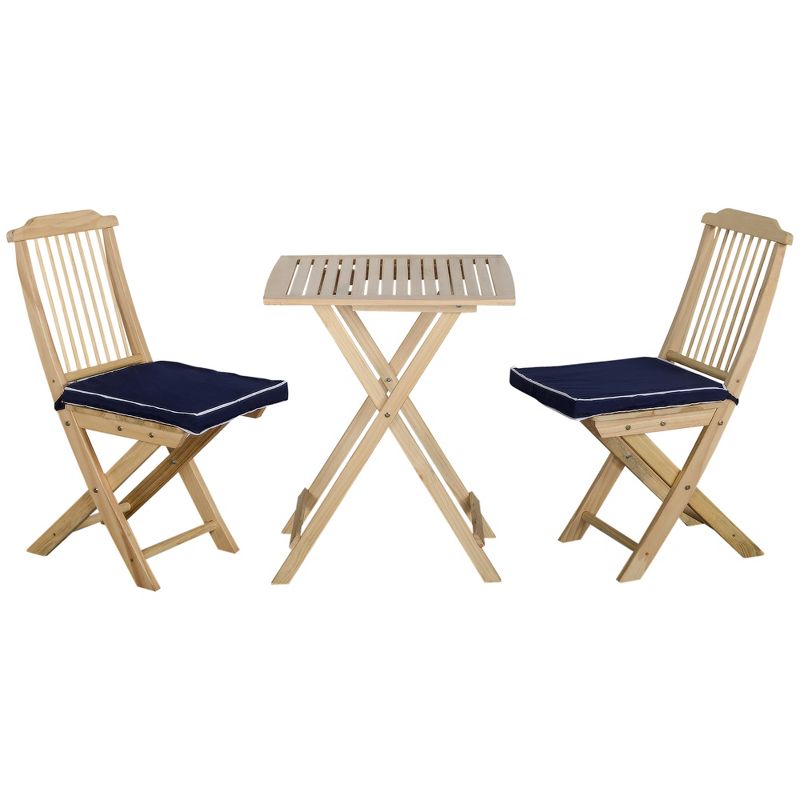 Outsunny 3 Pieces Patio Folding Bistro Set, Outdoor Pine Wood Table and Chairs Set with Tie-on Cushion & Square Coffee Table, Dark Blue, 1 of 7