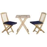 Outsunny 3 Pieces Patio Folding Bistro Set, Outdoor Pine Wood Table and Chairs Set with Tie-on Cushion & Square Coffee Table, Dark Blue