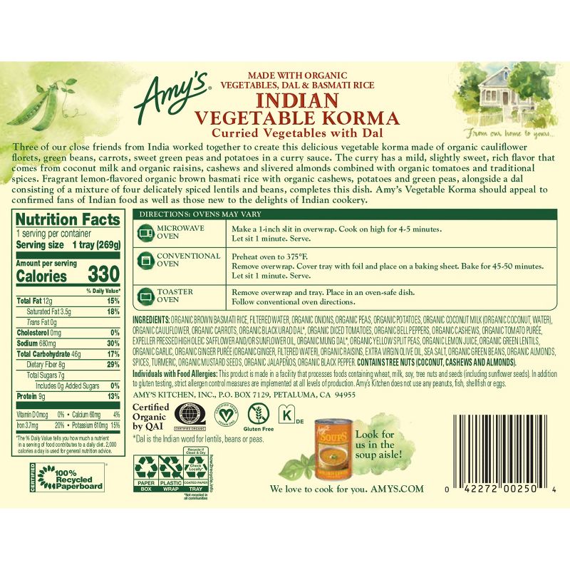 Amy&#39;s Gluten Free and Vegan Frozen Indian Vegetable Korma Entr&#233;e - 9.5oz, 4 of 6