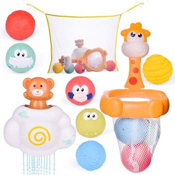 Fun Little Toys 11 Pcs Toddler Bath Toys Windmill Waterfall Water Station with Sea Animals Squirter Toys Stackable Cups and Fishing Net