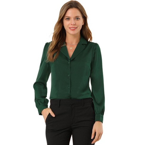 Allegra K Women's Elegant Satin Shirt Long Sleeve Office Work Blouses Tops  Green Medium