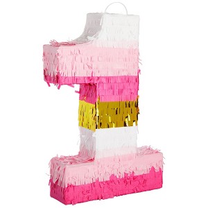 Blue Panda Number 1 Pinata, Pink and Gold for Girls 1st Birthday Party Decorations, Small, 16.5x11x3 in - 1 of 4