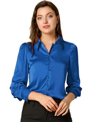INSPIRE CHIC Women's Puff Long Sleeve Point Collar Vintage Button Work Satin Shirt