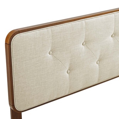 Walnut Beige Tufted Fabric Queen Headboard with Mid-Century Charm