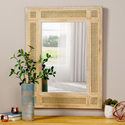 35"X27"Boho Rectangular Rattan Mirrors With Mango Wood Frame,Bedroom Wall Mirrors,Makeup Mirror,Decor Mirror,Hanging Mirrors-The Pop Home