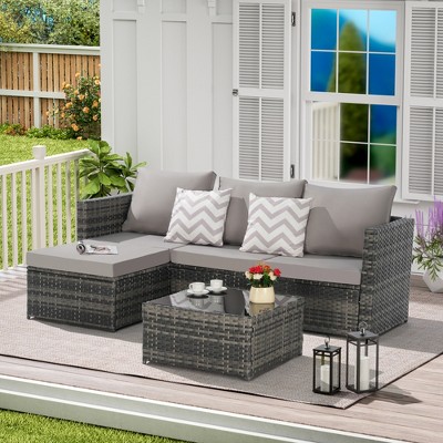 2PCS Patio Furniture Set, Outdoor Sectional Couch with Glass Coffee Table, L Shaped Wicker Conversation Set for Backyard Poolside Balcony