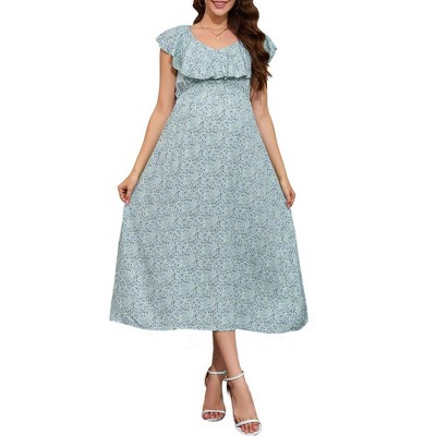 Women Maternity Summer Spring Casual V Neck Boho Sundress Ruffle Cap Sleeveless Flowy Maxi Dress Baby Shower