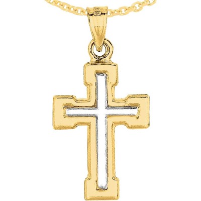 14k Yellow Gold 0.8" Block-Ended Two-Tone Cross Charm Pendant with optional Adjustable Chain Necklace