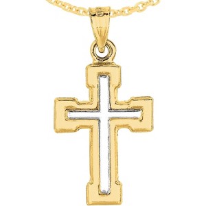 14k Yellow Gold 0.8" Block-Ended Two-Tone Cross Charm Pendant with optional Adjustable Chain Necklace - 1 of 4
