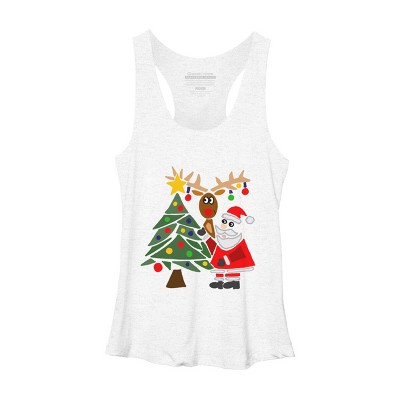 Women's Design By Humans Funny Cute Santa Claus and Christmas Reindeer by Tree By SmileToday Racerback Tank Top
