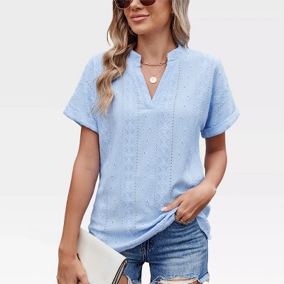 Women Henley Neck Blouse Eyelet Embroidery Boho Blouse Summer Tops Textured T-Shirts