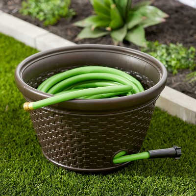 Dark Brown Resin Wicker Garden Hose Storage Pot Set