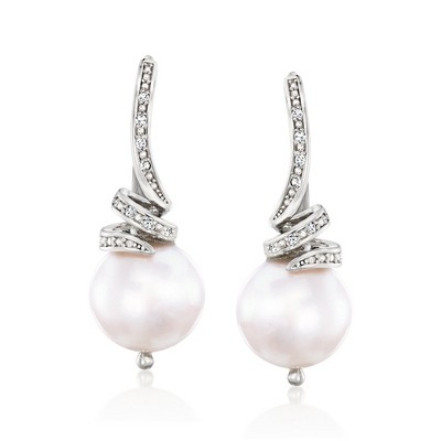 Ross-Simons 10.5-11mm Cultured Pearl and .10 ct. t.w. Diamond Drop Earrings in Sterling Silver