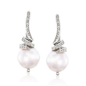 Ross-Simons 10.5-11mm Cultured Pearl and .10 ct. t.w. Diamond Drop Earrings in Sterling Silver - 1 of 4