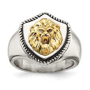 Black Bow Jewelry Men's 18mm Stainless Steel & 14K Gold Accent Lion Shield Ring - 1 of 4