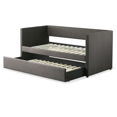 NicBex Twin Size Daybed with Trundle, Fabric Upholstered Day Bed with Nailhead Trim Design, No Box Spring Needed