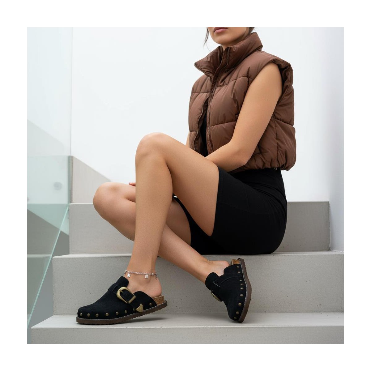Женские сабо CUSHIONAIRE Bronco Slip On Mule Womens Shoes – Genuine Suede Leather Clogs with Adjustable Buckle and Studded Detailing Biscuit 8 — фото 6