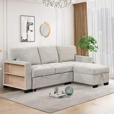 Sectional Sofa Couch, Pull Out Sleeper Sofa with Storage Rack Pull-out Bed Drop Down Table and USB Charger-ModernLuxe