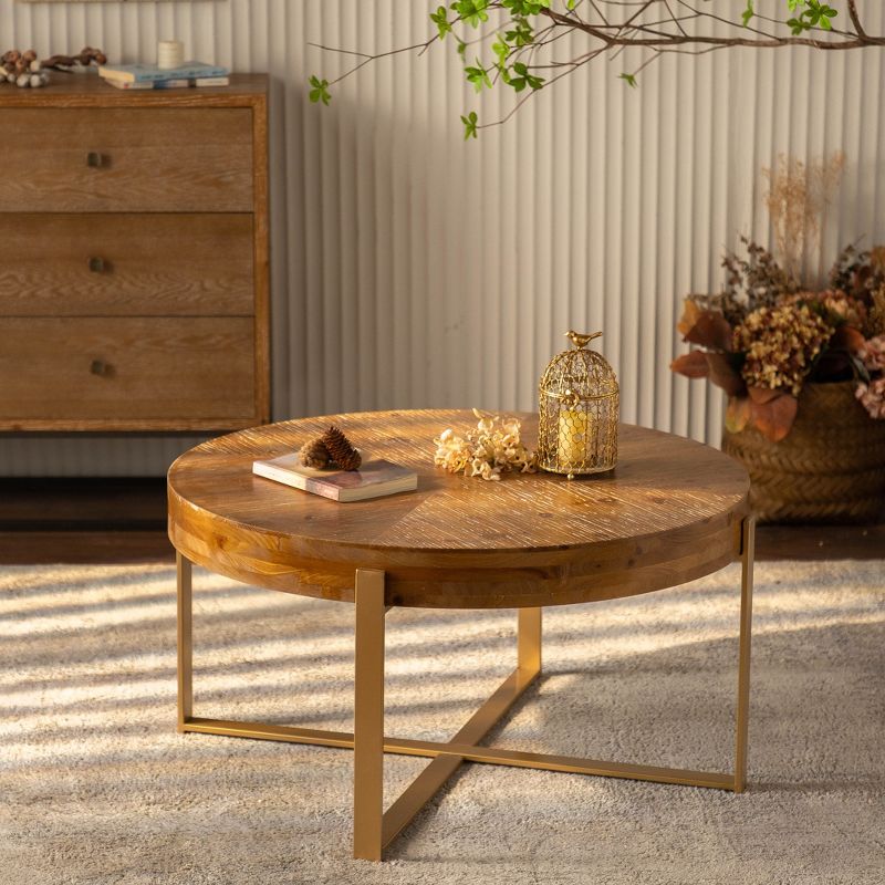 33.86" Modern Retro Splicing Round Coffee Table,Fir Wood Table Top with Cross Legs Base - ModernLuxe, 2 of 11