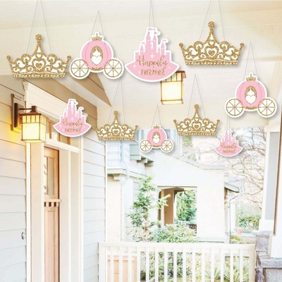 Big Dot of Happiness Hanging Little Princess Crown - Outdoor Hanging Decor - Pink & Gold Princess Baby Shower or Birthday Party Decorations -10 Pieces