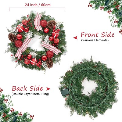 24in Prelit Christmas Wreath with 20 Battery Operated LED Lights, Winter Garland Holiday Ornaments for Outdoor Front Door Wall Fireplace Decor
