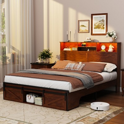 Bellemave Farmhouse Queen Size Bed Frame with Storage Headboard and Drawers,Charging Station & LED Lights,Brown