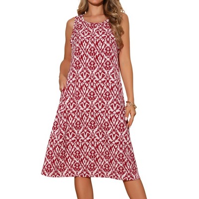 INSPIRE CHIC Women's Summer Beach Casual Sleeveless Crewneck Printed Midi Sundress with Pockets