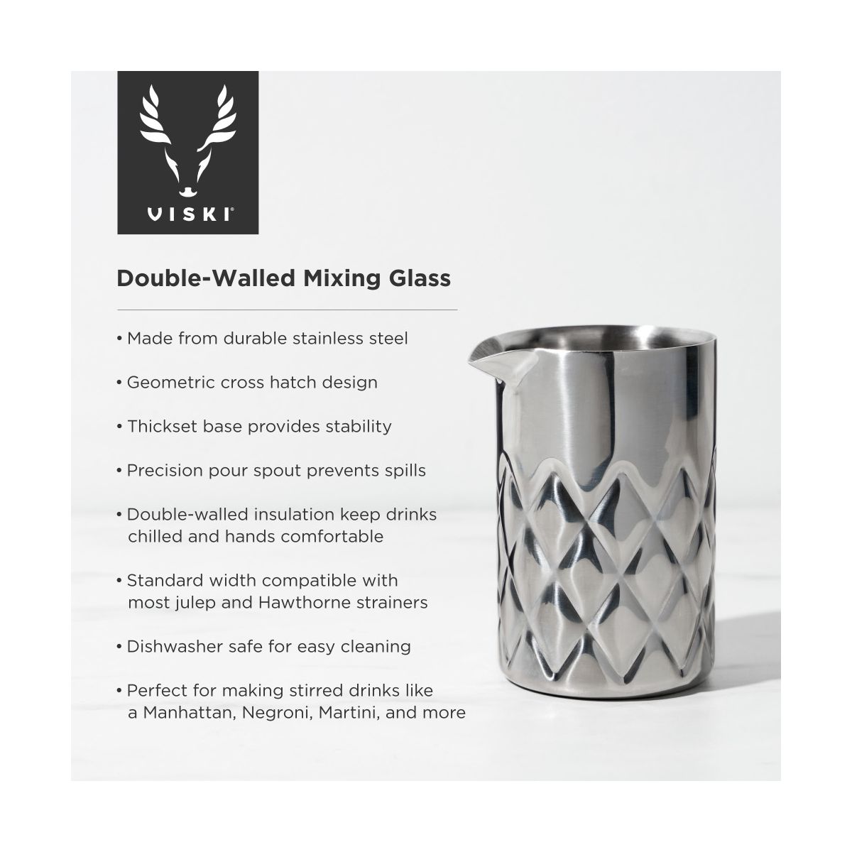 Viski Double Walled Stainless Steel Mixing Glass for Stirred Drinks, Martini, Rum and Tequila Cocktails, Gifts for Cocktail Lovers, Home Bar, 18.6 oz - thumbnail 2
