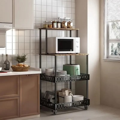 PDTEND Rustic Brown 4-Tier Freestanding Kitchen Baker’s Rack for Spices, Pots Pans Utility Organizer