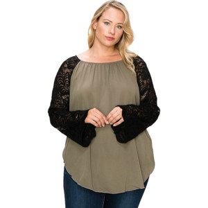 Slickblue Women’s Plus Size Olive Blouse with Flowy Lace Bell Sleeves and Off Shoulder Neckline, Size 1XL-3XL - 1 of 4
