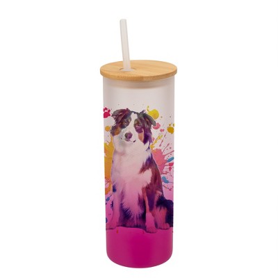 100 North 25 Ounce Frosted Glass Gradient Travel Tumbler With Straw & Wooden Lid, Australian Shepherd Paint Splatter Pink