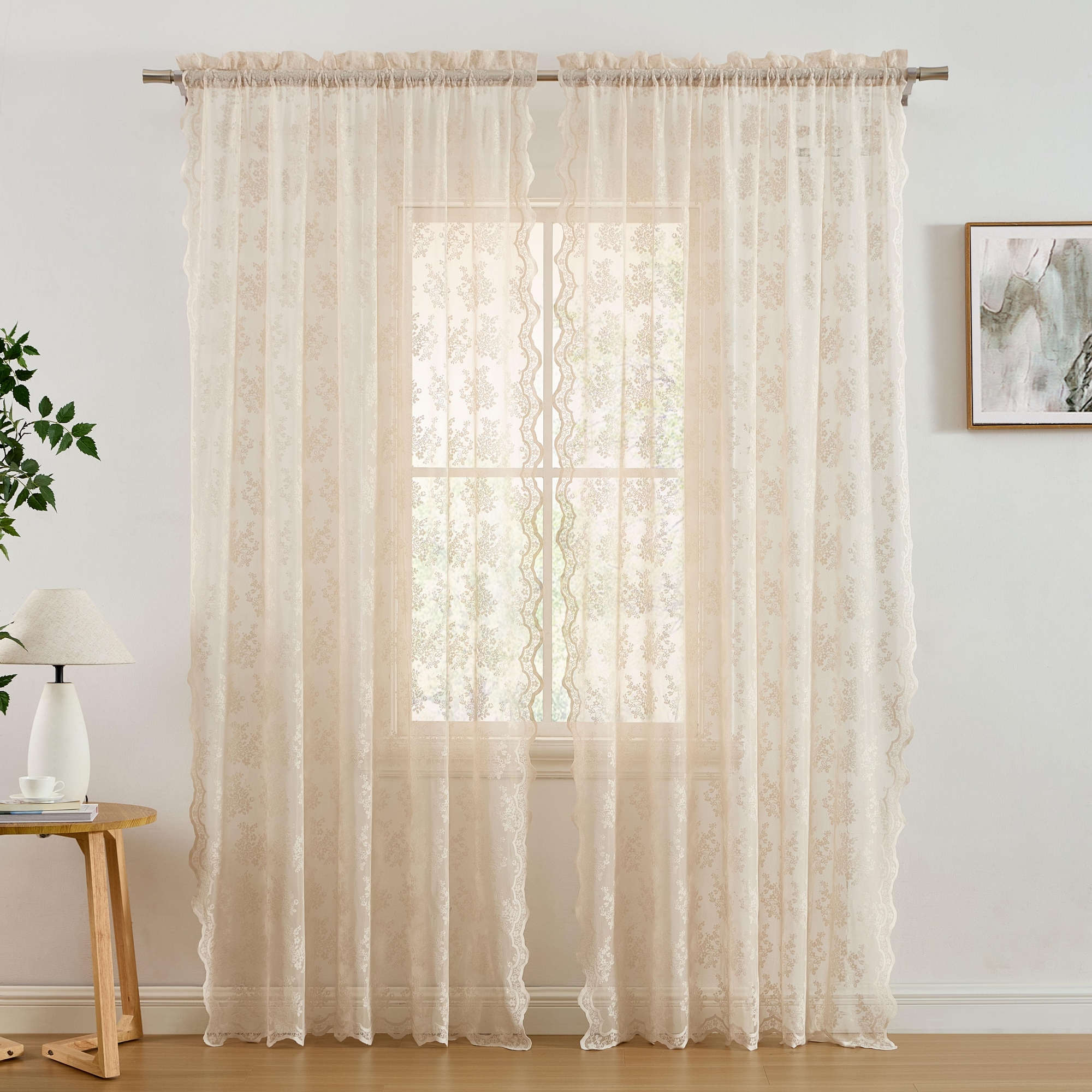 HLC.ME Jolene Floral Soft Decorative Lace Semi Sheer Light Filtering Rod Pocket Window Curtain Panels - Set of 2 - Linen Taupe, 54 W x 84 L