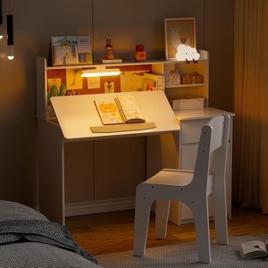 PAKASEPT 43" Kids Desk and Chair Set, Wooden Study Desk with Hutch,  Storage Cabinet, LED lights, Tiltable Desktop, Writing Desk - 1 of 4