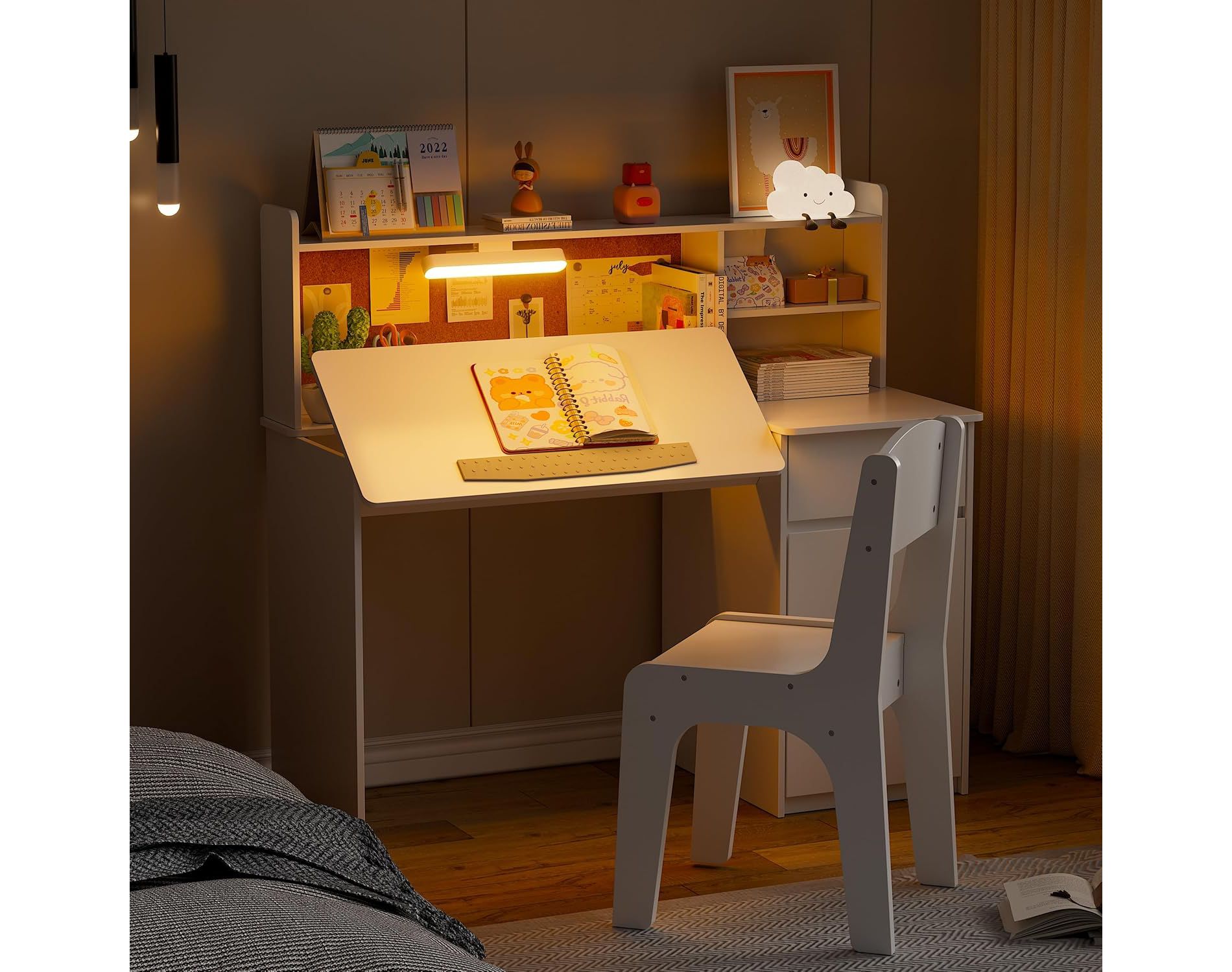 PAKASEPT 43" Kids Desk and Chair Set, Wooden Study Desk with Hutch,  Storage Cabinet, LED lights, Tiltable Desktop, Writing Desk