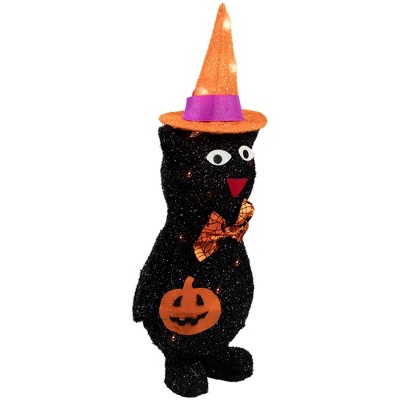24" Pre-Lit Black Cat in Witch Hat Halloween Yard Decoration