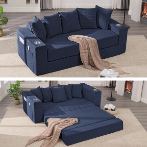 QingMoon Pull Out Loveseat Sofa, Foldable Floor Couch Bed, Corduroy Boneless Sofa with 5 Pillows, Side Pocket, Cup Holders for Living Room, Bedroom - 1 of 4