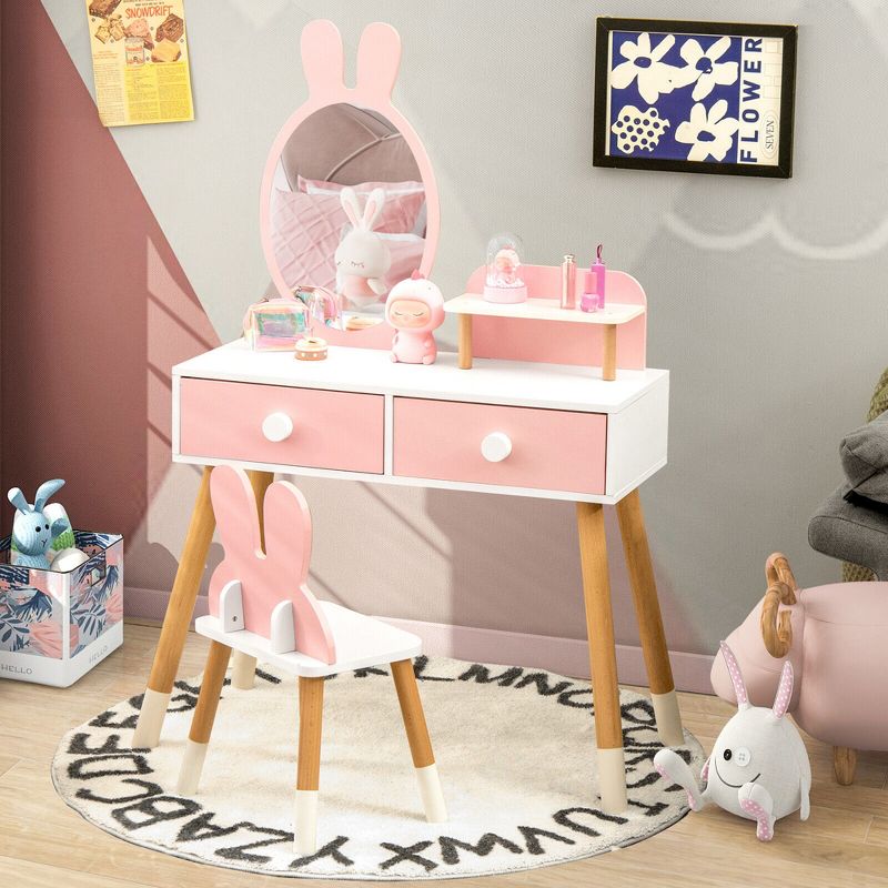 Tangkula Kid Vanity Set Makeup Table Stool with Drawer Shelf Wood Leg Rabbit Mirror, 3 of 11