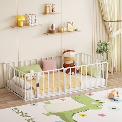 Montessori Bed Metal Floor Platform Frame with Safety Guardrails Fence Easy Assembly for Bedroom