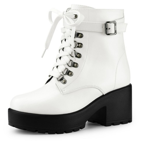 Allegra K Women s Zip Chunky Heel Platform Ankle Combat Boots White 8.5