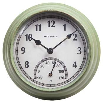 8.5" Outdoor / Indoor Wall Clock with Thermometer - Rustic Weathered Green Finish - Acurite