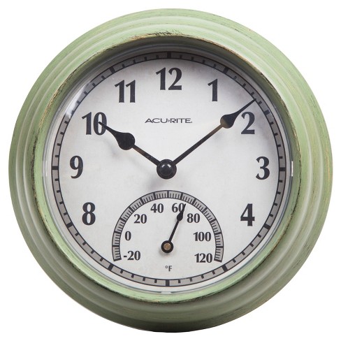 8.5 Outdoor / Indoor Wall Clock with Thermometer - Rustic Weathered Green  Finish - Acurite