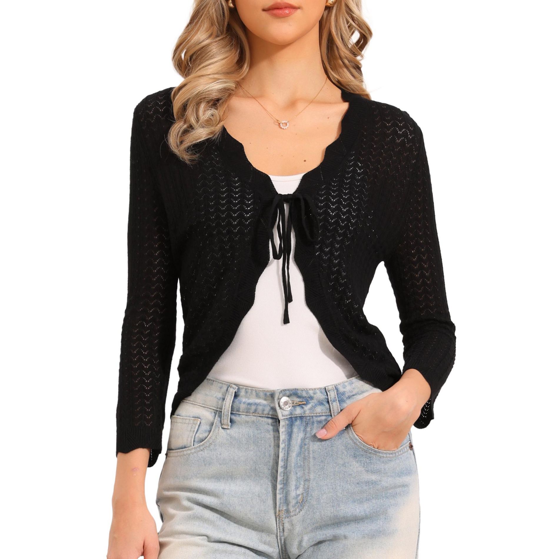 INSPIRE CHIC Women's Tie Front Knit 3/4 Sleeve Open Front Casual Elegant Crop Cardigans