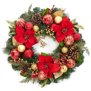 24 Inch Christmas Wreath with Lights, Lighted Large Outdoor Christmas Door Wreath with Red Gold Balls for Door Fireplace Window Holiday Decor - 1 of 4